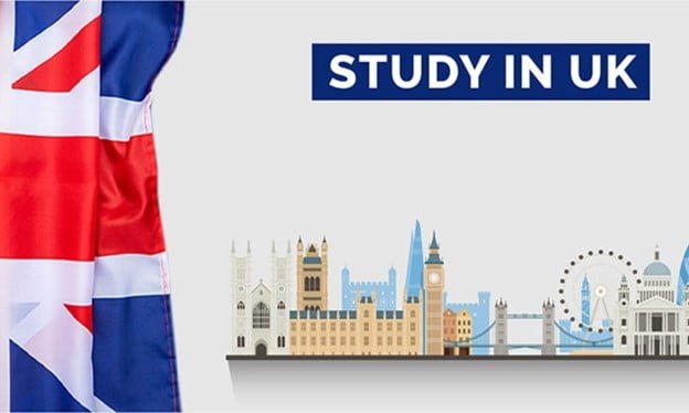 عکسی فانتری از پرچم انگلیس در سمت چپ و سمت راست نمایی پوستری از شهر لندن- تحصیل در انگلیس